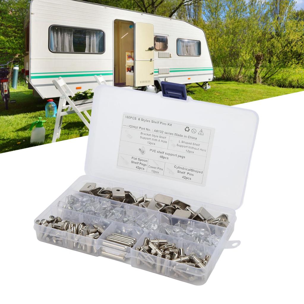 160pcs 6 Styles RV Shelf Pins Kit Nickel Shelf Support Pegs Cylindrical Pins Holder L Shaped Bracket