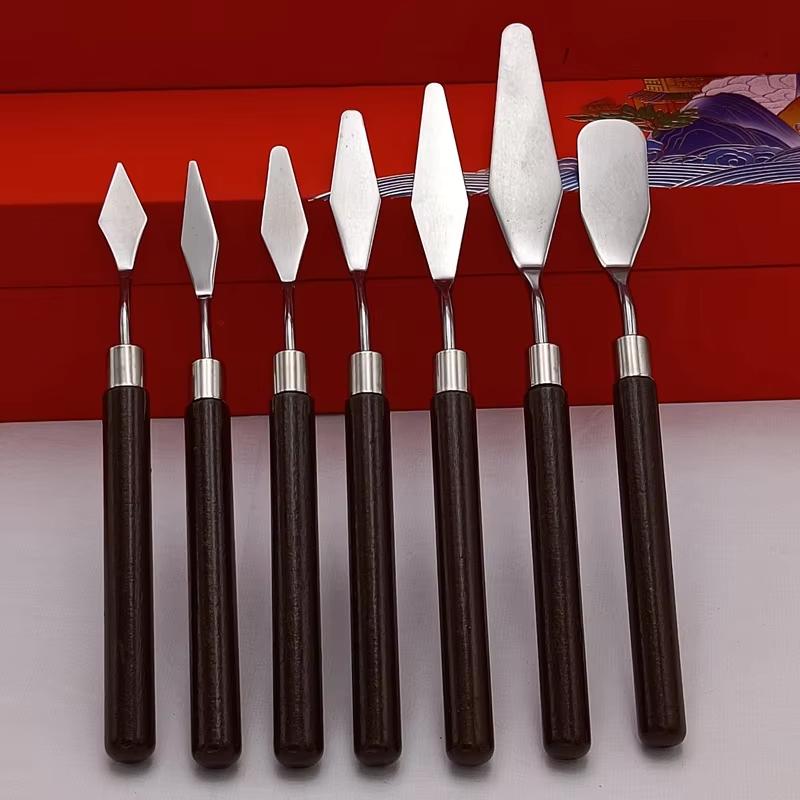 

7 Red Wood Rod Watercolor Mixed Art Oil Painting Scraper Set Wood Stainless Steel Water Powder Paint Manual Tool Convenient