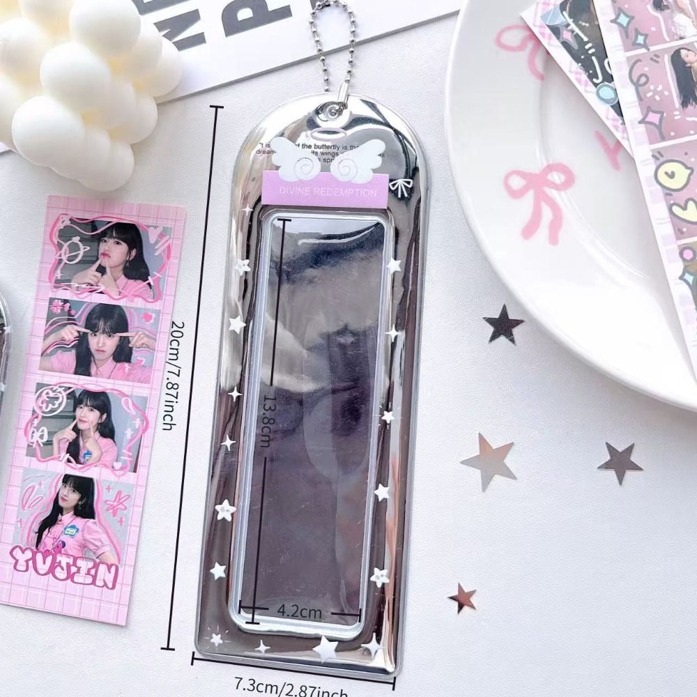 Y2K PVC Photo Card Holder Silver with Keychain Four-grid Life Photo Protector Card Sleeve Kpop Idol Strip Photo