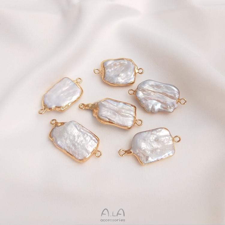 Natural Baroque Irregular Pearl Double Hole Rice Bead Flat Round Pendant for Handmade DIY Bezel Setting