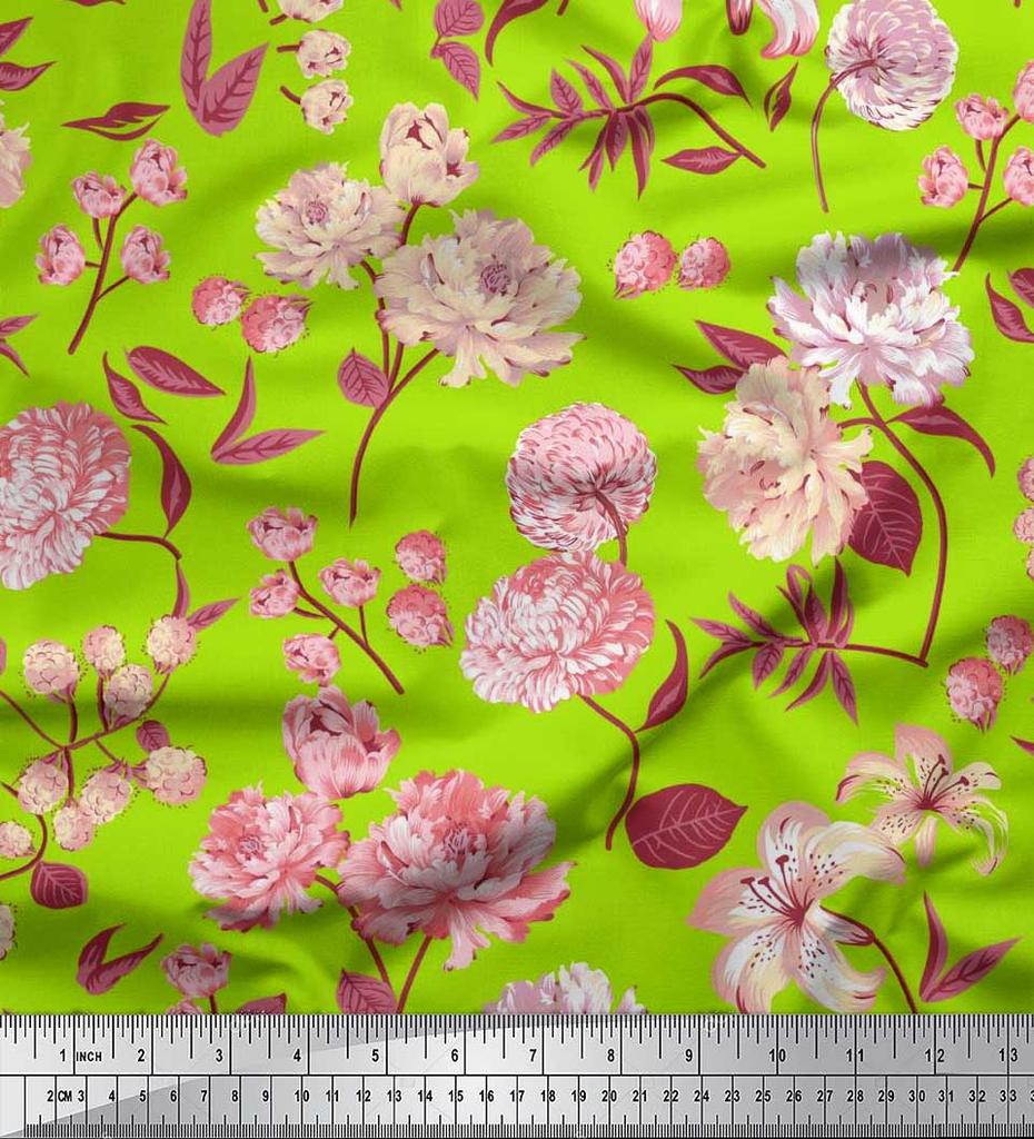 Soimoi Japan Crepe Satin Fabric Leaves,Peony & Dahlia Flower Printed Fabric 1 Metre 42 Inch