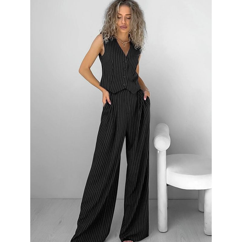 European and American Women Set Stripe V-neck Sleeveless Top Fashion Trousers 2025 Summer Casual