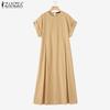 ZANZEA Vintage Women Round Neck Batwing Sleeve Baggy Pleated Casual Long Dress