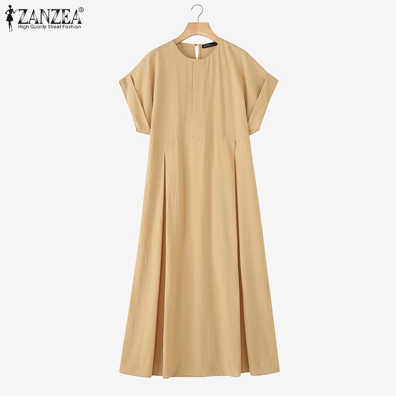 ZANZEA Vintage Women Round Neck Batwing Sleeve Baggy Pleated Casual Long Dress