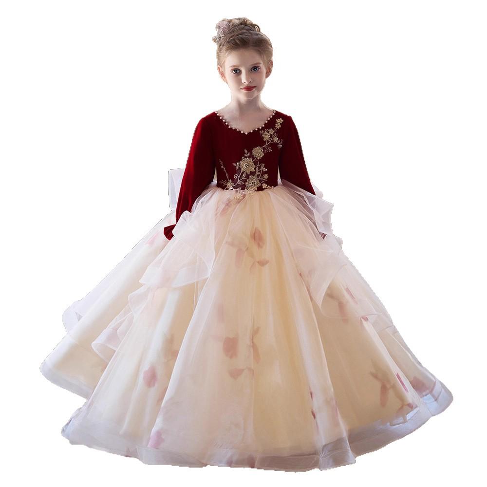 Vestido de Noche Burdeos de Tul Abullonado para Niñas – Lujoso Disfraz de Princesa para Actuación de Piano