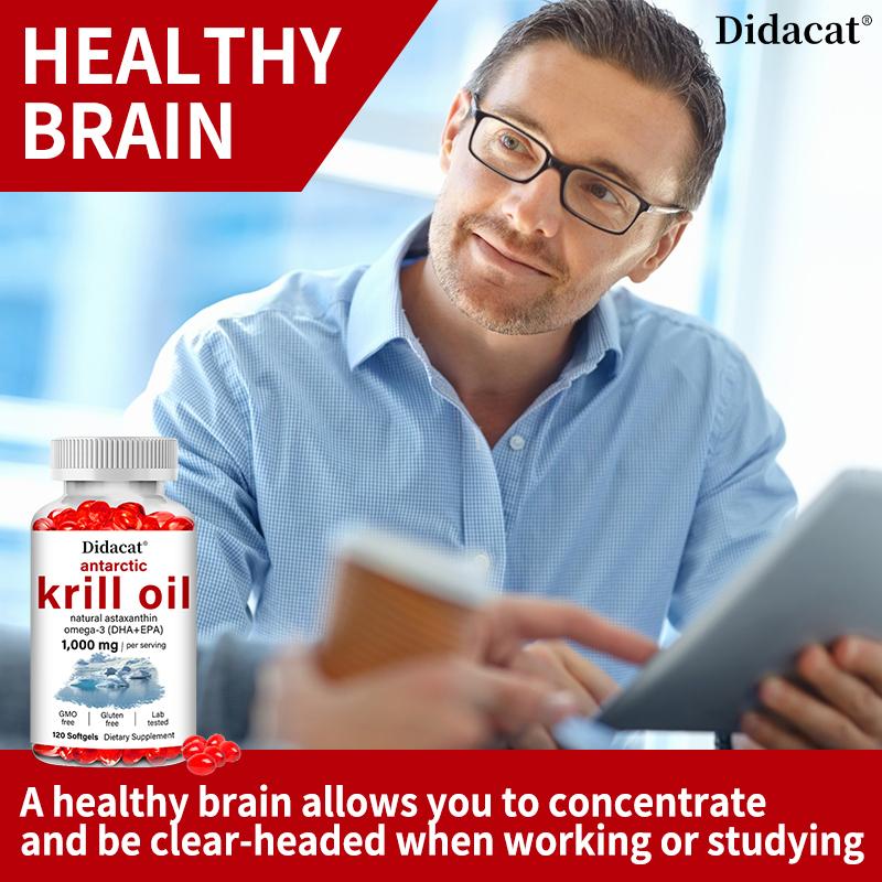 Antarctic krill oil 1000 mg, rich in Omega-3 fatty acid EPA, with anti-aging and immune-boosting effects. 120 capsules.