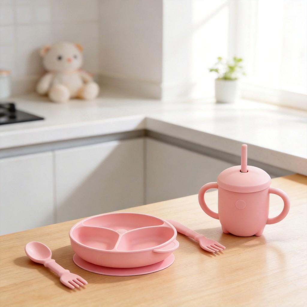 Baby Silicone Feeding Set With Suction Bowl And Learning Utensils For Toddler Nutrition