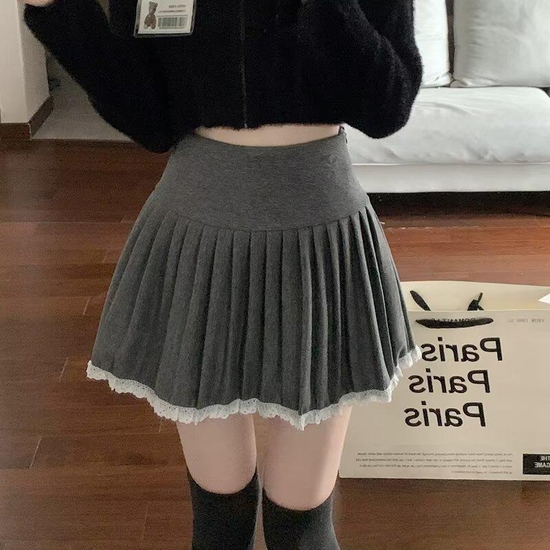 Women's Plus Size Woolen Pleated A-line Skirt with Lace Trim - High Waist Puff Design for Spring & Autumn