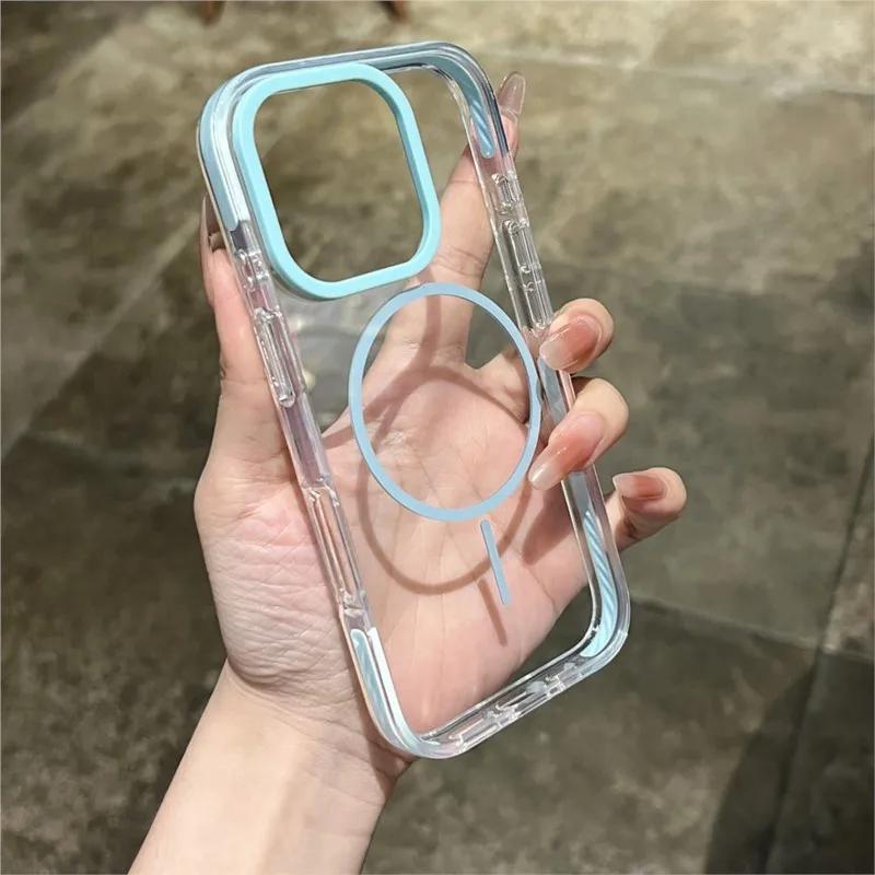 Wrist Strap Transparent Magnetic Phone Case for iPhone 14 15 16 Plus 11 12 13 16 Pro Max Magsafe Clear Charging Shockproof Cover