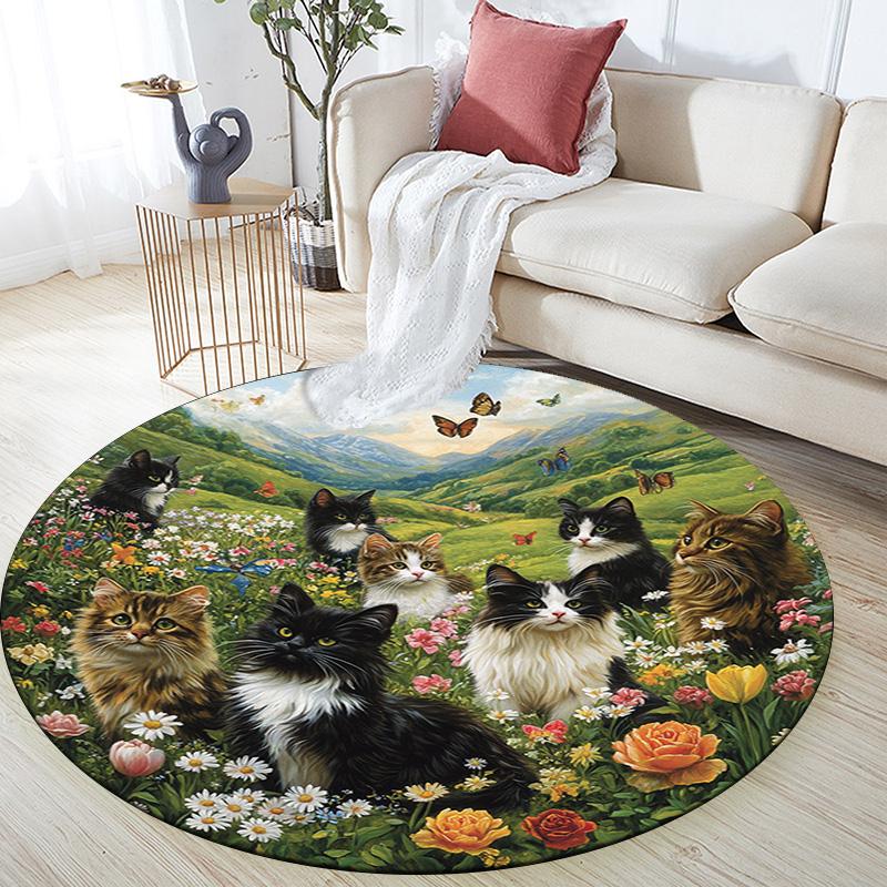 Cats In a Garden Round Area Rug,Carpet Rug for Living Room Bedroom Sofa Playroom Decor,Non-slip Floor Mat
