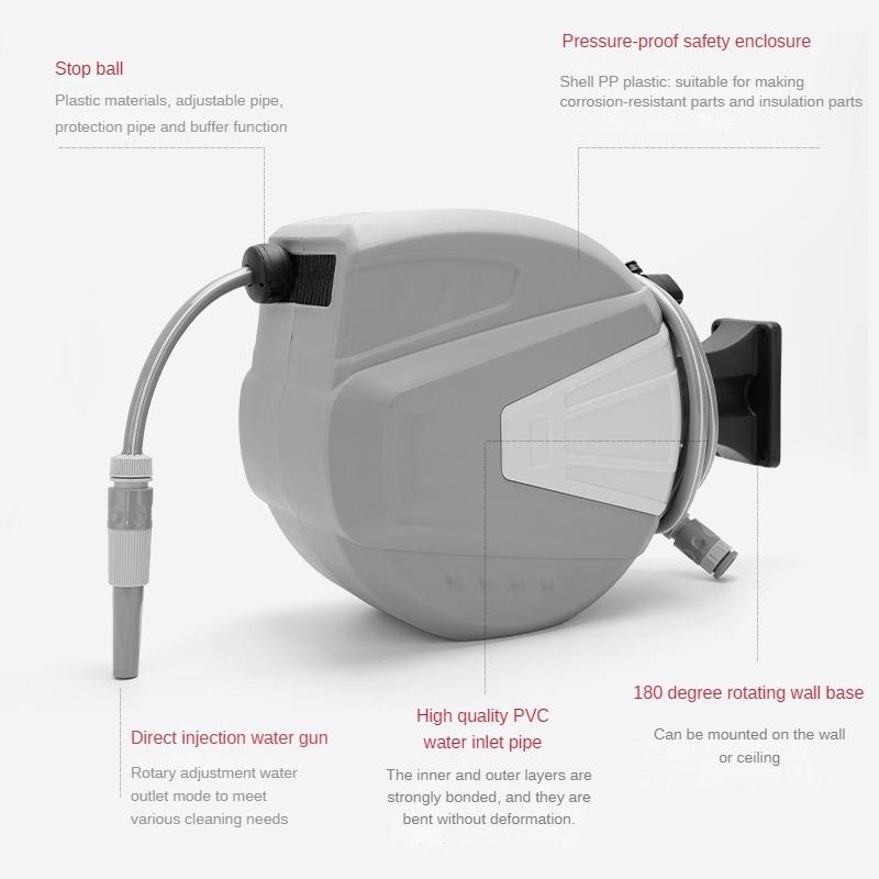 Automatic Retractable Pipe Reel Extra Long 20M Pipe Winding Device High Pressure Car Wash Water Drum Garage Tool