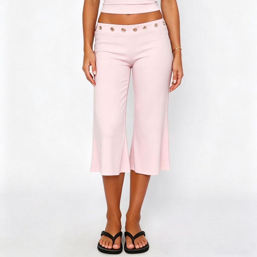 Women Slim Fit Flared Capri Pants Seven Quarter Length Casual Streetwear Sport Trousers with Waist Eyelet Detail