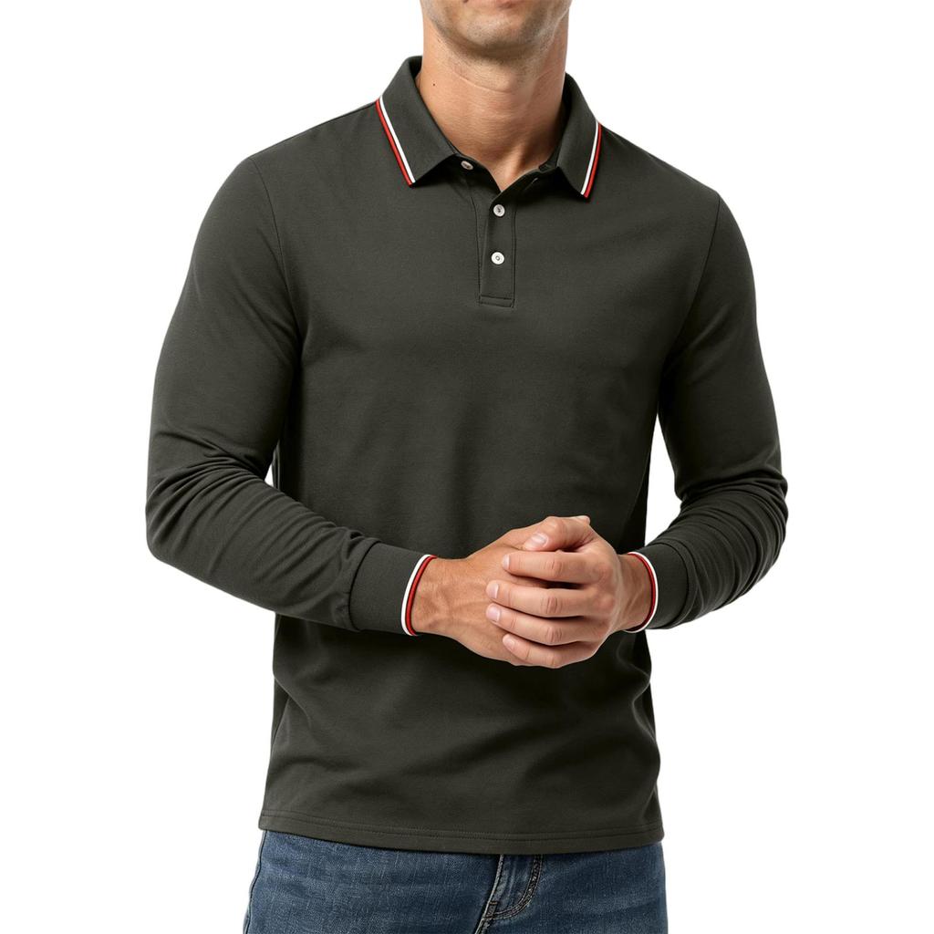 Men's Long Sleeve Polo Shirt Classic Solid Color Button Down Collar Slim Fit Casual Top for Everyday Wear Comfortable Fabric