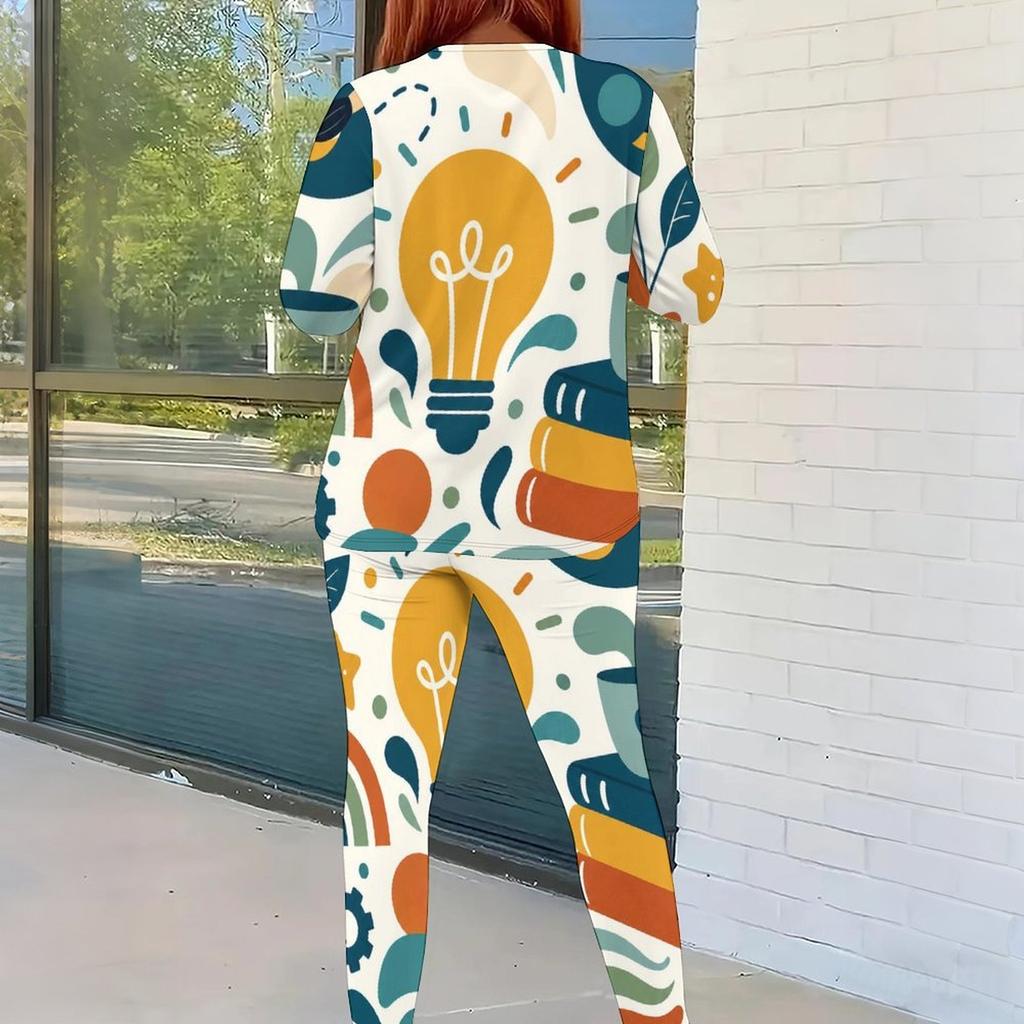 Women Plus Size Round Neck Long Sleeve Printed Top And Fitted Pants Two Piece Set