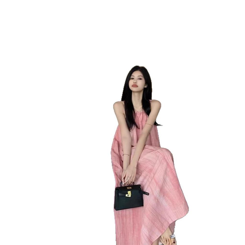 Pink Women's Halter Neck Suspender Long Skirt - Summer Beach Vacation Dress
