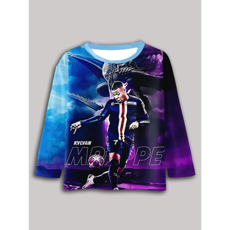 

Весенне-осенние футболки с круглым вырезом и 3D-принтом с изображением футбольной звезды Килиана Мбаппе, модные повседневные детские футболки с длинным рукавом для мальчиков 110