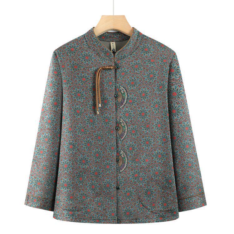 

Women s Plus Size Lightweight Printed Cotton Jacket for Seniors, Stand Collar, Long Sleeve, Suitable for Spring/Autumn Wear. XL (45-52 kg) зелений