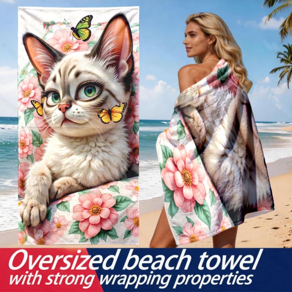 Spring Garden Cat Theme polyester microfiber beach towel is highly absorbent, suitable for swimming and beach outings