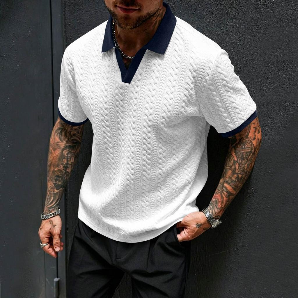 Men's Jacquard Knit Polo Shirt Short Sleeve Slim Fit V Neck Casual Summer Top with Contrast Collar and Cuffs