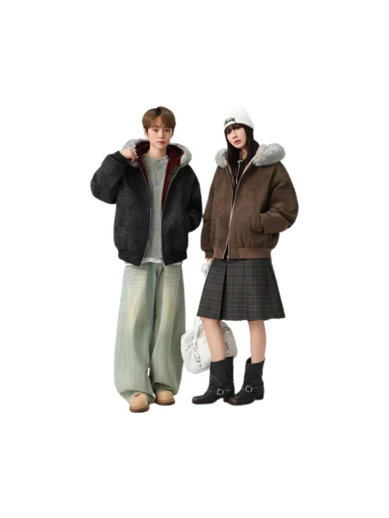 Unisex Double-Sided Wear Snow Eagle Fur Collar Hooded Jacket - Warm Cotton Autumn/Winter Plus Velvet Couples Design