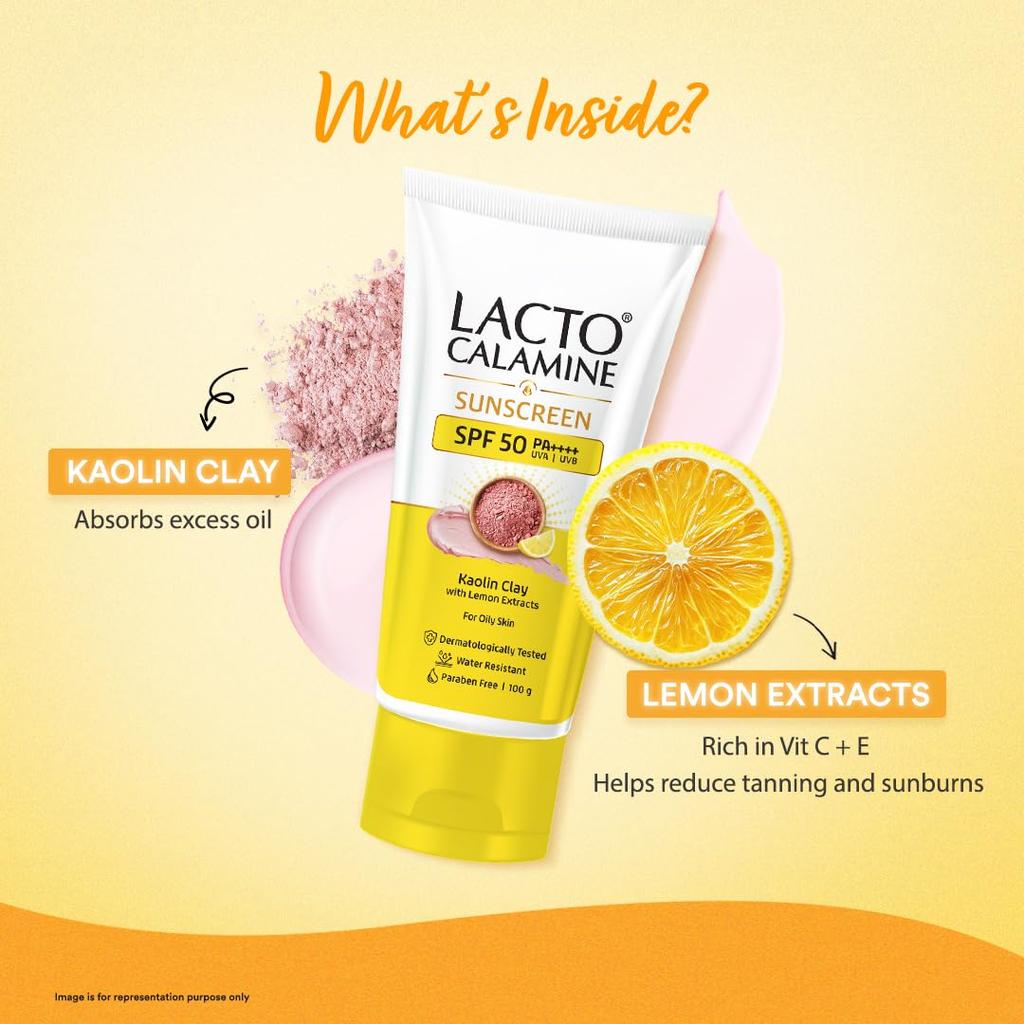 Lacto Calamine Sunscreen SPF 50 PA+++ For Oily Skin Matte Finish Water Resistant No White Cast UV Protection 100 g