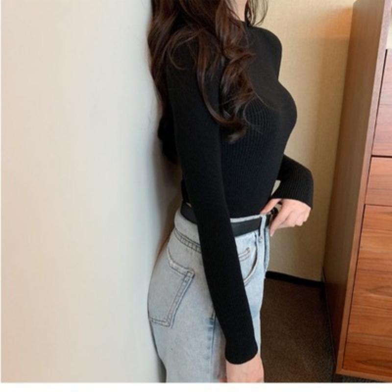 Toamnă și iarnă Pulover nou cu mâneci lungi, versatil, de culoare solidă, în stil coreean, pe jumătate cu gât țesut, cămașă subțire, tricotată, cu fundul pentru femei.