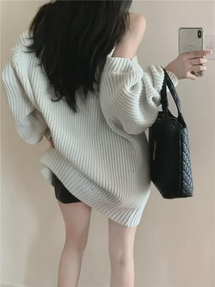 Women's Off-Shoulder Black Knit Sweater - Loose Korean Style for Autumn/Winter 2024