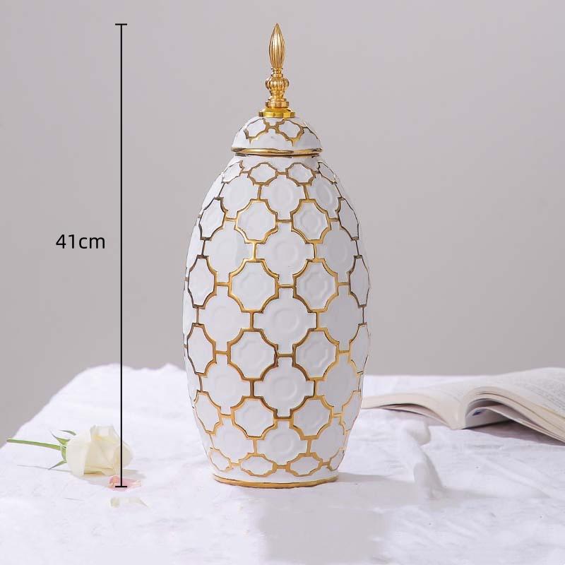 Ceramic Checkmate Jar Ginger Jar Flower Vase Plaid Gold Storage Tank Porcelain Bottle Home Decoration Accessories