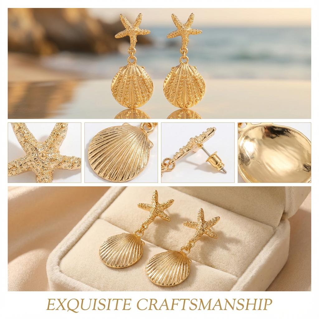 Exaggerated Large Metal Starfish Conch Drop Earrings for Women Ocean Style Long Tassel Piercing Earring Beach Party Jewelry