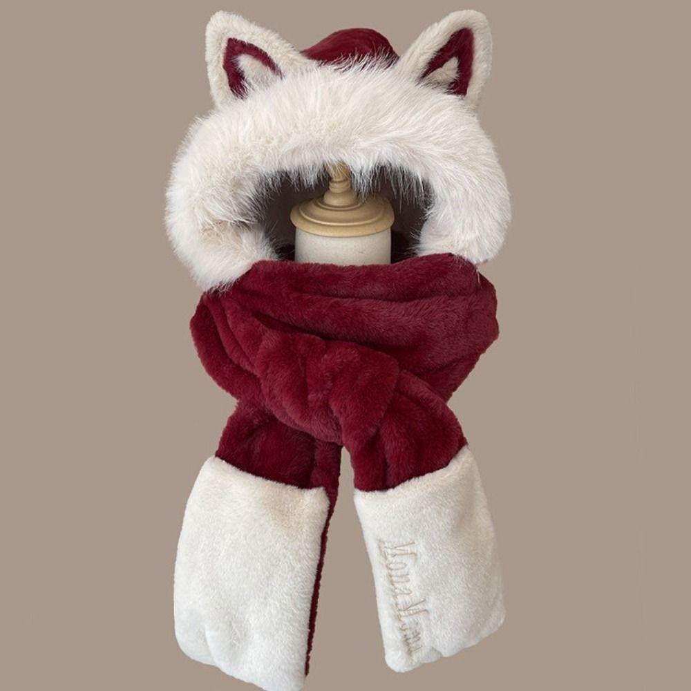 Keep Warm Hat Scarf Gloves Set Plush Integrated Cap Scarf New Women Beanies Cap Cycling