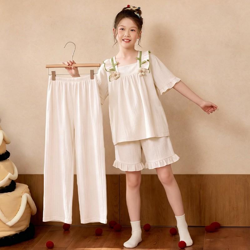 Girls Short Sleeve Pajama Set Soft Combed Cotton Sleepwear Cartoon Print Lightweight Home Outfit 8 Years