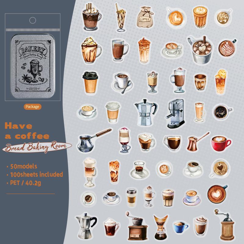 100 Sheets/box Bread Coffee Dessert Pattern Sticker For Hand Account Collage Material DIY Diary Notes Message Decoration