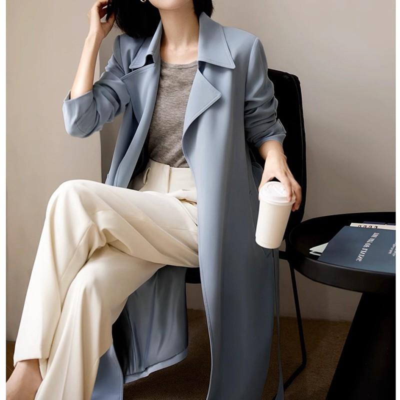 Womens Lightweight Acetate Trench Coat Long Sleeve Classic Fit Beige 2026 Office Chic