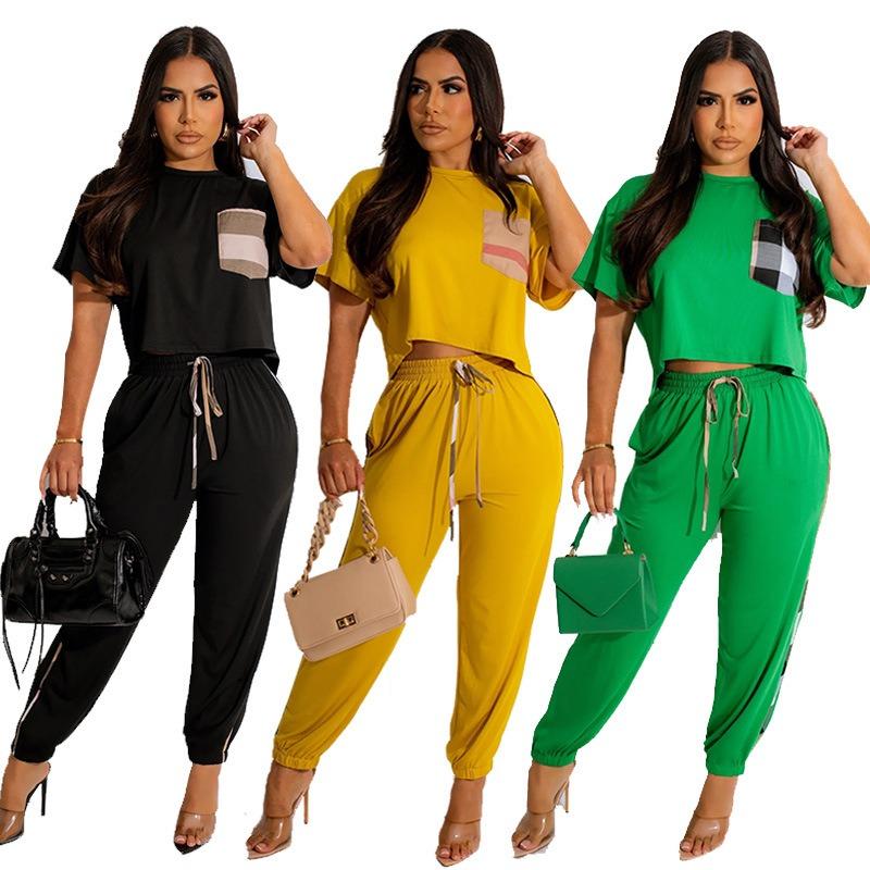 Damen Sommer Kleiner Duft Kurzarm Tasche Farbkontrast Mode Lässig Zweiteiliger Anzug