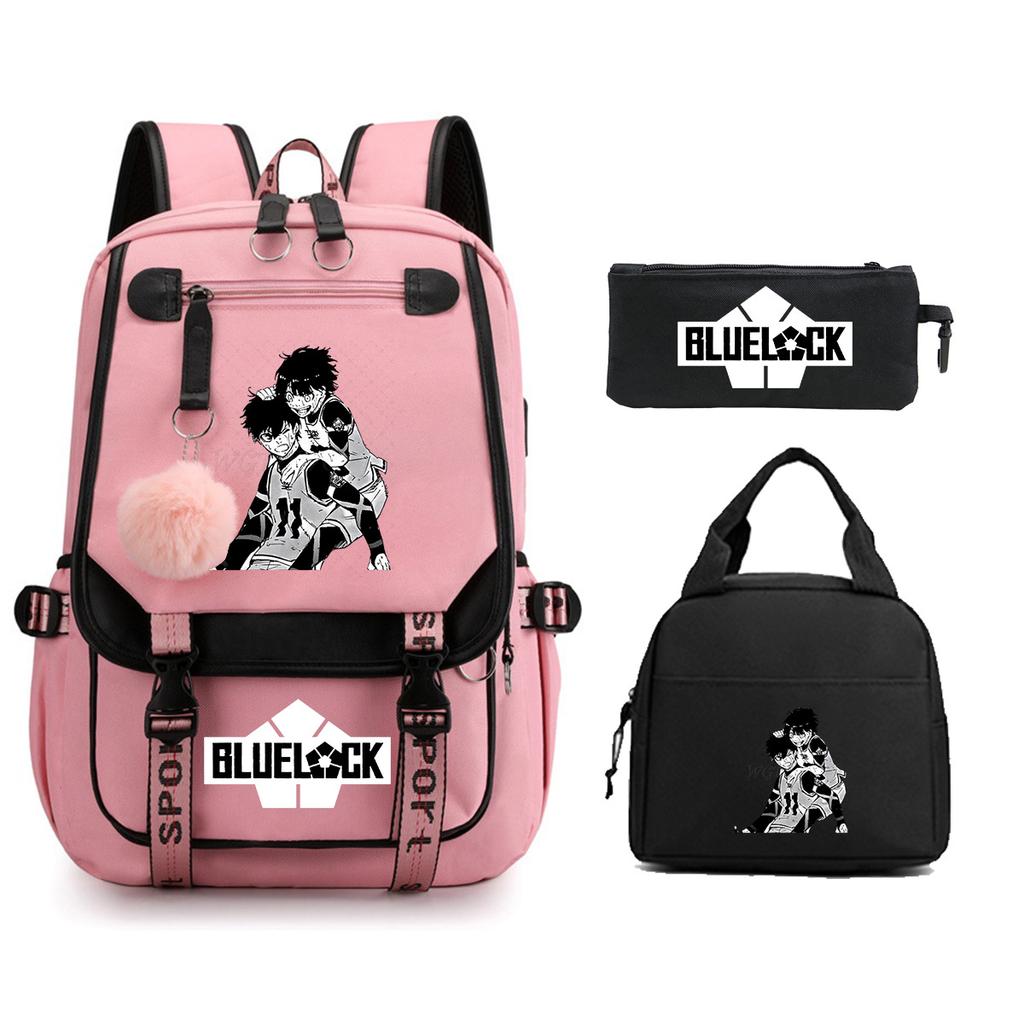 Blue Prison Student School Bag Children'S Meal Bag Casual Pencil Bag Three-Piece Set
