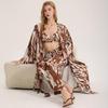 Women's Zebra Print Satin Pajama Set - Summer Robe & Long Pants, 3-Piece