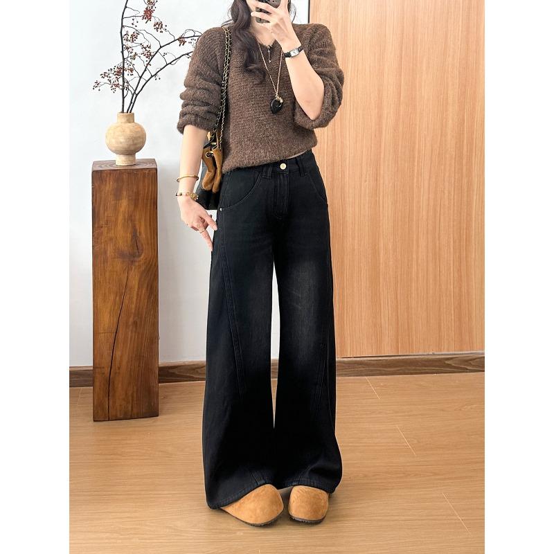 Winter Non-elastic High-waisted Jeans Women's Baby Fleece Wide-leg Jeans Fleece Thickened and Non-elastic