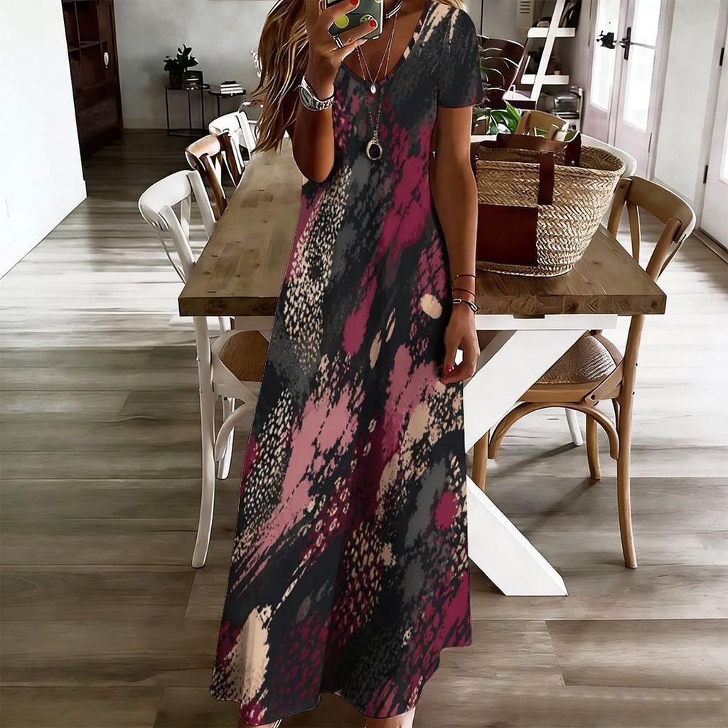 Women Plus Size V Neck Short Sleeve Blue Gray Printed Straight Maxi Dress
