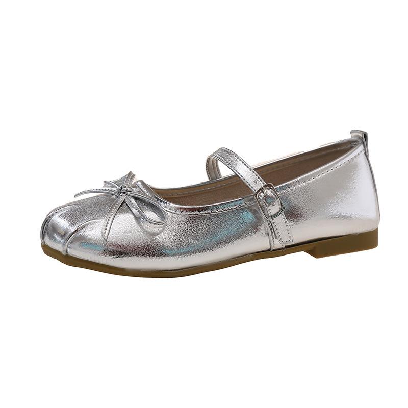 French silver flat ballet single shoes women 2025 new temperament bow fairy wind word belt Mary Jane shoes
