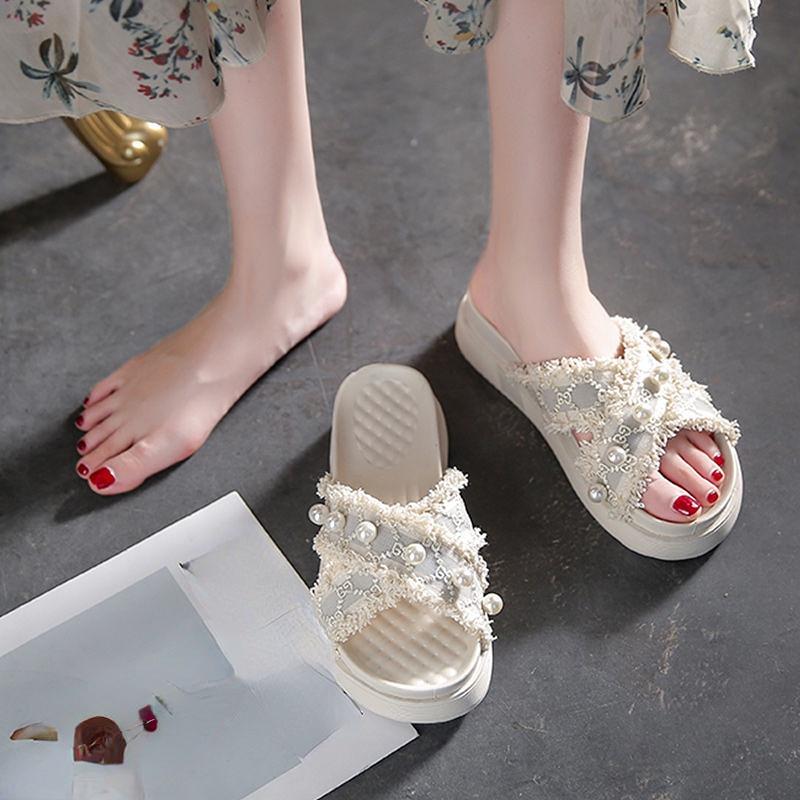 Women Solid Color Pearl Slippers Ladies Middle Heel Anti-slip Soft-sole Comfortable Thick Bottom Beach Sandals Footwears