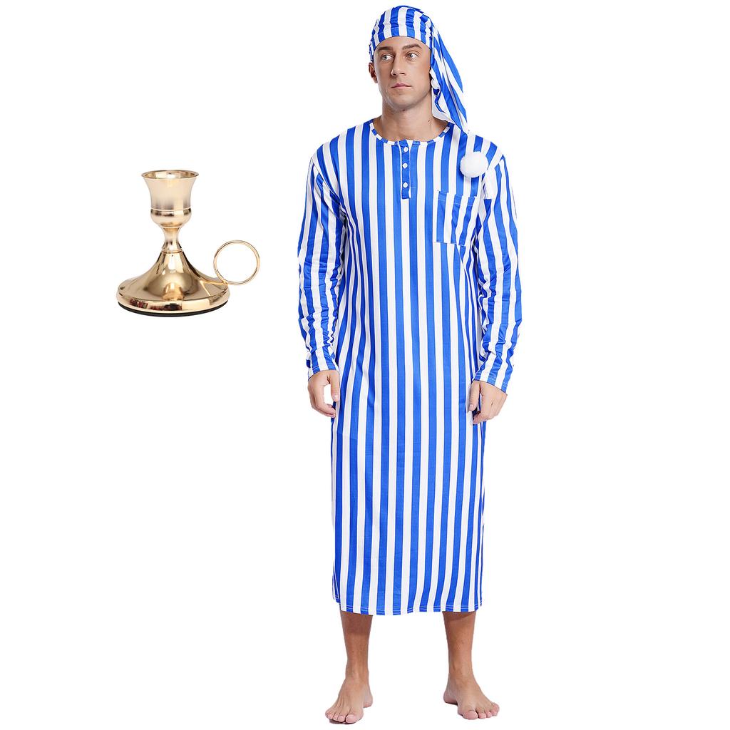 Men's Christmas Pajama Set Striped Sleep Dress Robe with Matching Hat and Candle Holder