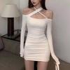 Plain Color Off Shoulder Long Sleeve Dress With High Waist For Office And Casual Wear