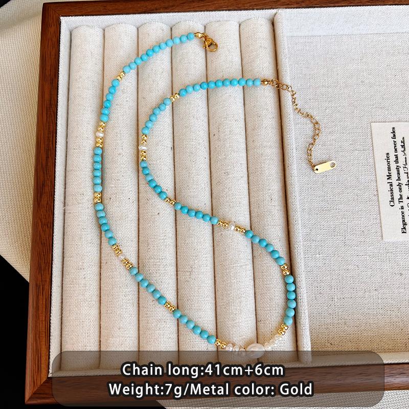 Elegant Double-layer Layered Imitation Turquoise Natural Pearl Beads Necklace Trendy Jewelry For Women s Sexy Collarbone Chain