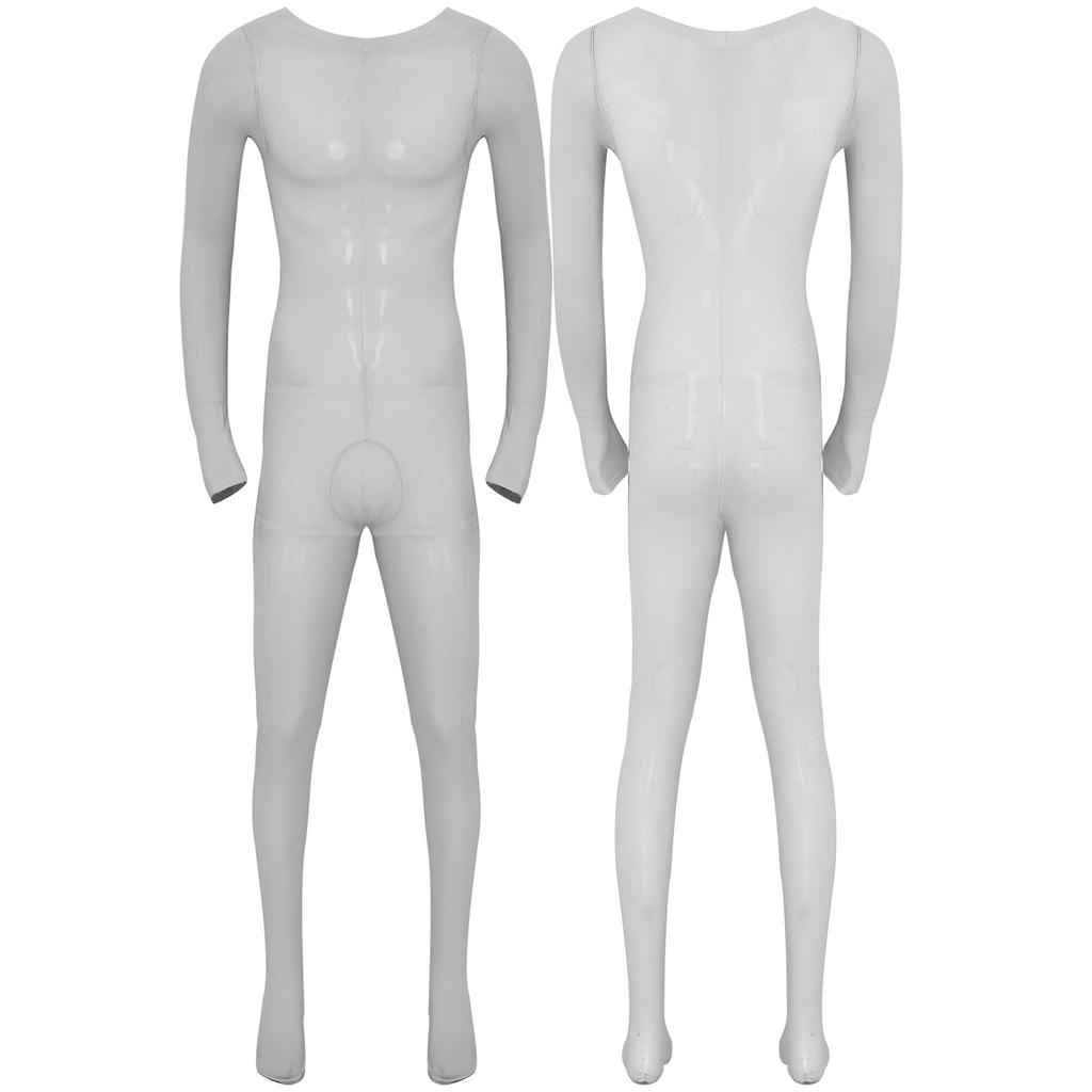 Mens Solid Color Bodystocking Long Sleeve Stretchy Bodysuit with Bulge Pouch Nightwear Underwear