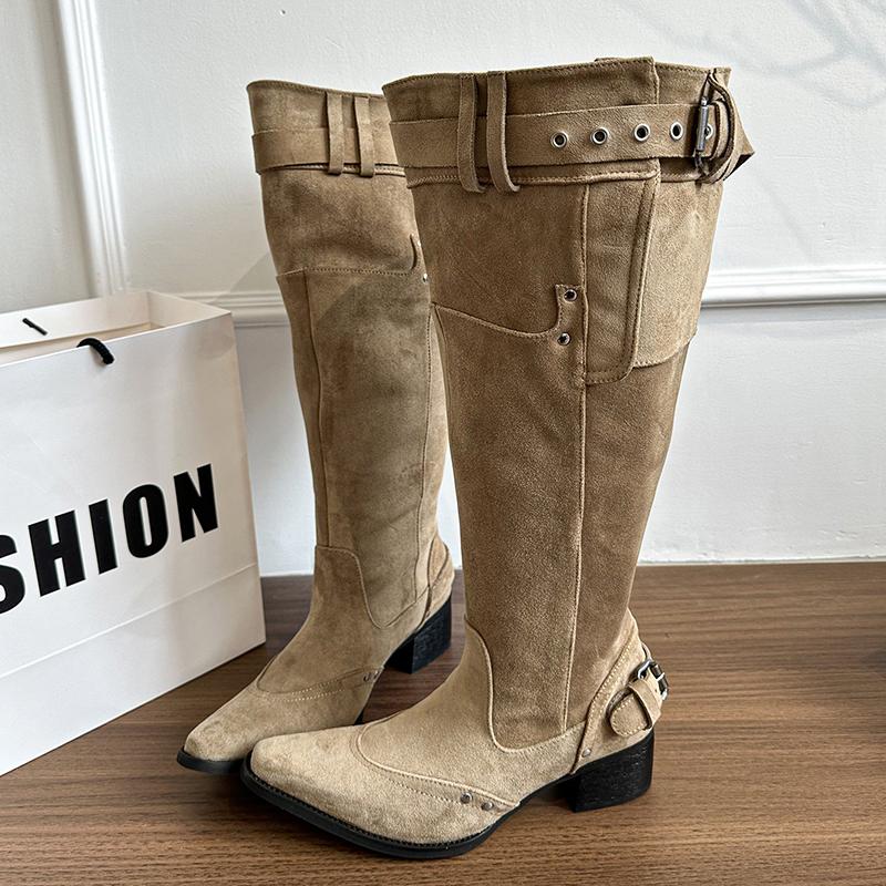 Fashion Autumn Winter Pleated Women Western Cowboy Boots Vintage Square Low Heels Shoes Female Belt Buckle Long Booties