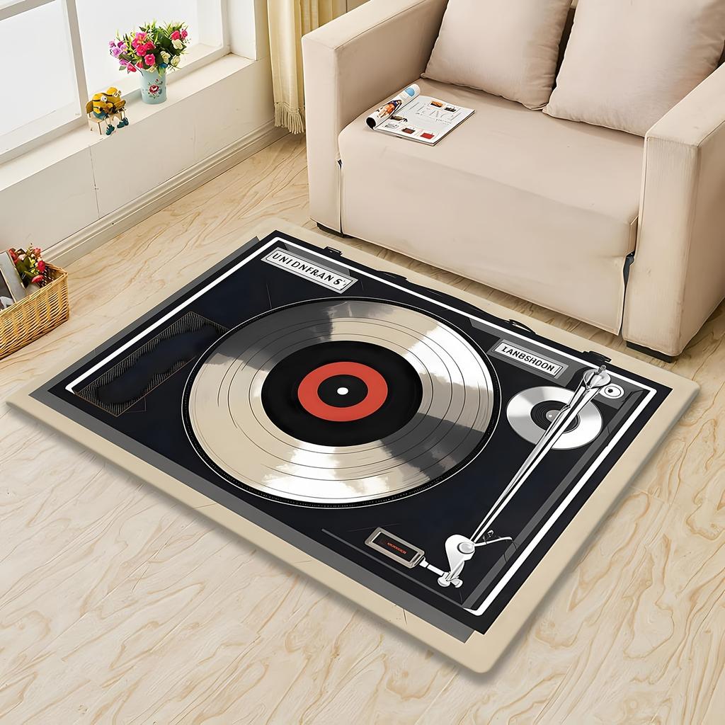 Retro Record Player Print Flannel Area Rug Music Theme Soft Comfortable Floor Mat For Living Room Bedroom Study