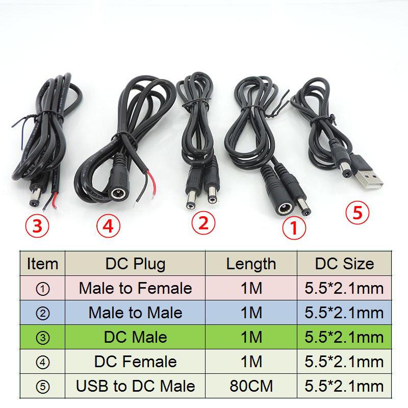 1 metru 2 pini DC usb mascul la mascul femela Cablu de alimentare cablu bricolaj Încărcare 5.5x2.1mm cablu 5.5mmx2.1mm conector mufă jack