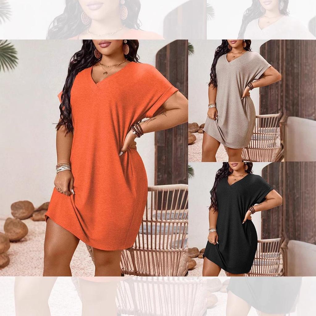 2026 European & American Women's Slim-Fit V-Neck Solid Color Short-Sleeve Dress for Spring/Summer