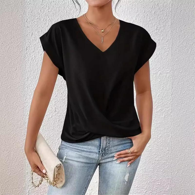 2026 Summer Women's Solid Color V-Neck T-Shirt Casual Breathable Short Sleeve