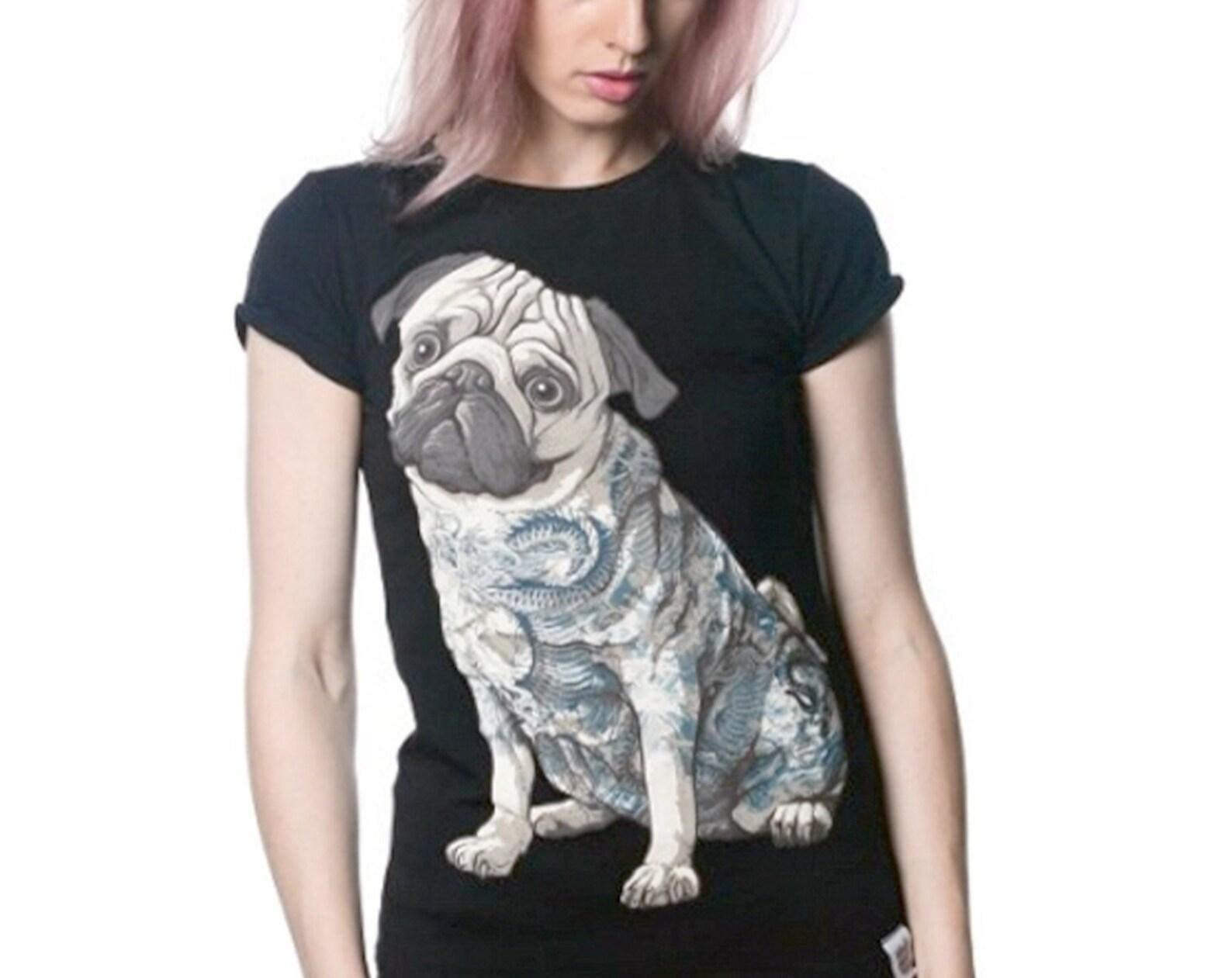 Tattooed Pug Graphic Tee - Japanese Style Dog - Women s Black T-Shirt S